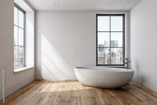 Modern bathroom features a freestanding bathtub with city views.