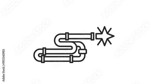 Line art icon featuring a winding pipeline ending in a starburst, symbolizing efficient process flow, energy, or a dynamic output.