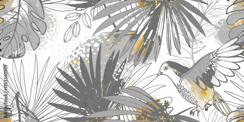 Tropical bird amidst lush foliage in a patterned illustrative style