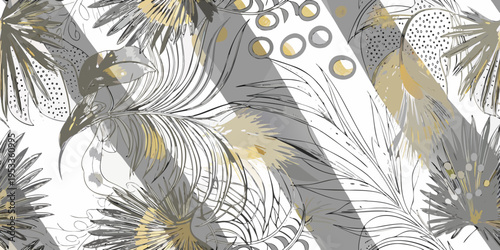 Stylized tropical leaves and feathers in a repeating seamless pattern