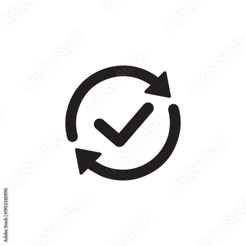 Black single round checking process sync approved icon, simple turning arrows syncing flat design pictogram for app logo ads web webpage button ui ux interface elements isolated on white background