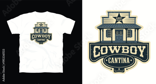 Cowboy cantina vintage badge design featuring old wooden saloon building in Albert Texas with classic western typography