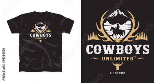 Cowboys unlimited vintage emblem with horse rider silhouette and deer antlers against mountain forest background since 1996