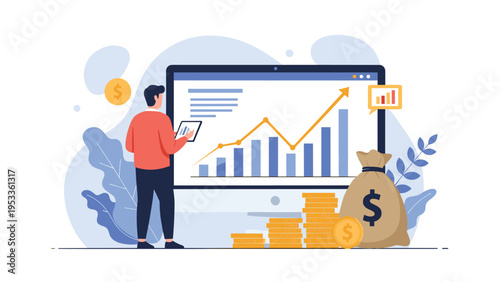 Professional male analyst monitoring financial growth charts and stacks of money on a large computer screen.