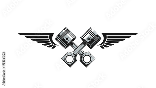 Vintage style illustration of two crossed engine pistons with spread wings representing power and speed.