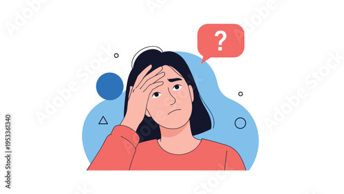 Stressed woman looking confused with a question mark in a thought bubble representing anxiety and uncertainty.