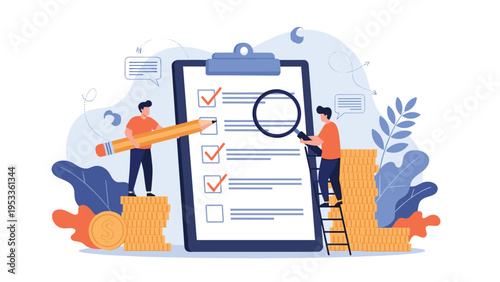 Team of people checking off tasks on a large clipboard with a magnifying glass and pencil for quality control.