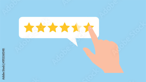 Human hand reaching out to click on a five star rating symbol in a speech bubble for feedback and reviews.