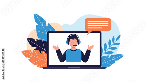 Virtual assistant representative wearing a headset on a laptop screen surrounded by colorful decorative leaves.