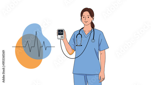 Friendly female healthcare worker in blue scrubs holding a portable medical monitor showing a heartbeat wave.