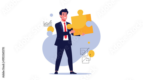 Happy businessman in a suit holding a large golden puzzle piece as a solution for business growth and strategy.