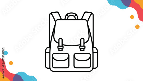 Simple outline drawing of a camping rucksack with two front pockets on a bright colorful abstract background.