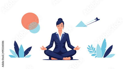 Serene businesswoman meditating in a lotus pose with abstract shapes and leaves representing mindfulness at work.