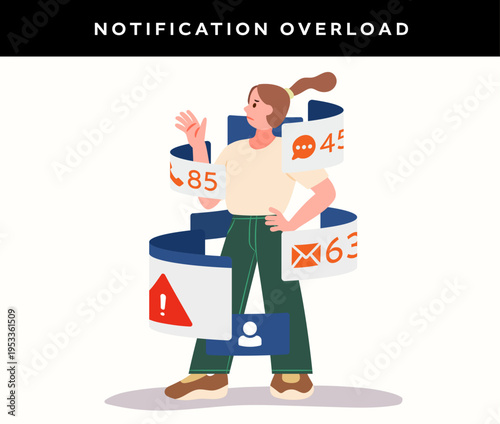 Stressed character surrounded by circular notification alerts.