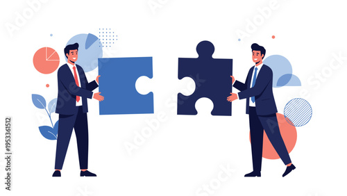 Pair of businessmen working as a team to connect two large blue puzzle pieces to solve a complex problem.