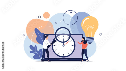 Couple using a magnifying glass and a lightbulb to examine a large clock displayed on a laptop computer screen.