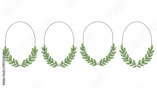 Set of four oval-shaped laurel wreaths made from green leaves as frames for awards and classic branding.