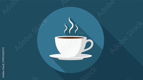 Steaming white cup of hot coffee on a saucer shown as a flat icon with a long shadow in a blue circle.