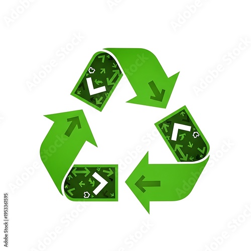 Green Recycle Symbol with Arrows on White Background.