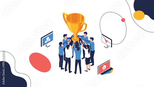 Group of business people working together to lift a giant gold trophy as a symbol of shared success and collective achievement.