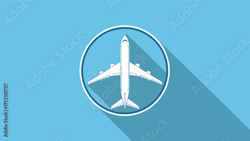 Minimalist blue and white airplane icon enclosed in a circle with a long shadow effect representing travel and aviation services.