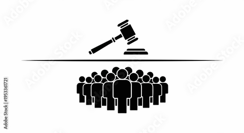Justice system concept with gavel over people crowd symbolizing law and order in a courtroom setting with authority