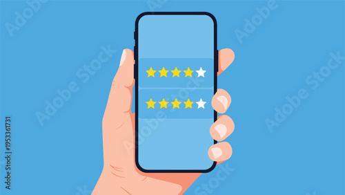 Hand holding a modern smartphone displaying positive customer feedback star ratings on the screen for online reviews.