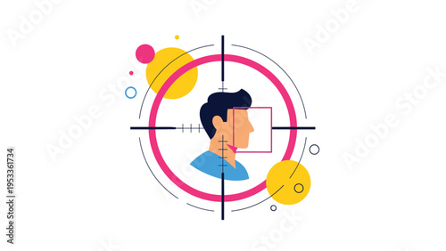 Profile of a human head placed inside a target crosshair scope representing facial recognition technology and precision.