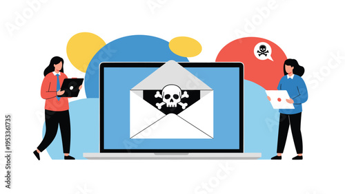 Illustration of a laptop displaying a dangerous phishing email with skull and crossbones icon representing a cyber security threat.
