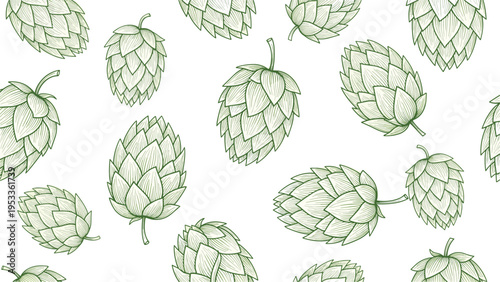 Seamless pattern of hand drawn green hops illustrations on a white background suitable for brewery or beer related designs.