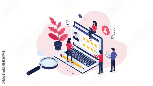 Team of people evaluating a professional profile on a large laptop with star ratings and magnifying glass for recruitment.