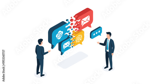 Business men communicating with complex speech bubbles containing mail and gear icons representing collaboration and data flow.