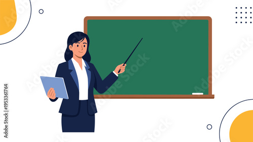 Professional female teacher standing in front of a green chalkboard while holding a tablet and pointing with a stick.
