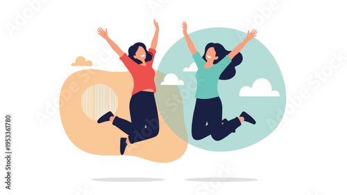 Two happy women jumping in the air against a stylized background representing joy, freedom, and positive emotions.