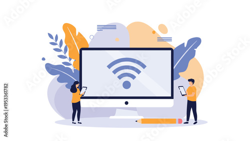 Small people using tablets near a giant computer monitor displaying a blue wifi signal for wireless internet connectivity.