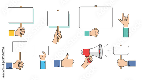 Collection of different hands holding blank signs, a megaphone, and giving a thumbs up gesture for communication and protest.