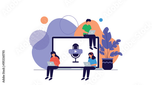 Team of people creating digital content like podcasts and videos around a large laptop with a microphone symbol.