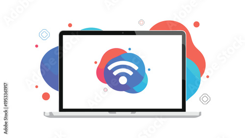 Laptop screen displays a large wireless connection wifi symbol surrounded by colorful abstract fluid shapes on a white background.