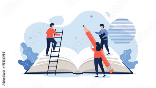 Group of small people works together on a giant open book using a ladder and a large pencil to represent education and creative writing.