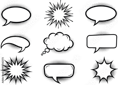 Comic speech and thought bubble illustration set with halftone shading, cloud, oval, rectangular, and explosion designs, perfect for graphic novels 
