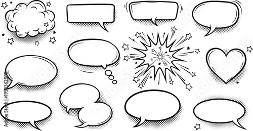 Comic speech and thought bubble illustration set with halftone shading, heart, cloud, starburst, and rectangular designs, perfect for graphic novels and storytelling.