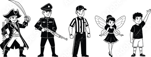 Cartoon character set illustration, pirate police officer referee fairy child figures, kids costume roles, fantasy and profession concept, vector design