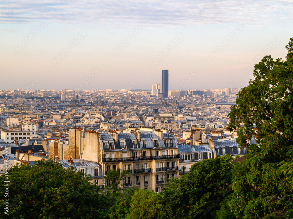 Fototapeta premium Old Paris view of densely packed buildings of the city from elevated position on Montmartre.