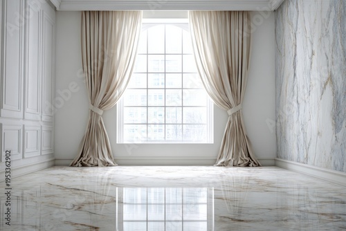 Luxurious room with arched window, marble floor, and draped curtains.