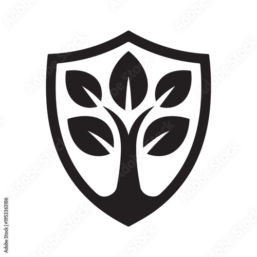 Black Tree Branch Inside Shield Frame Icon for Nature Protection and Conservation