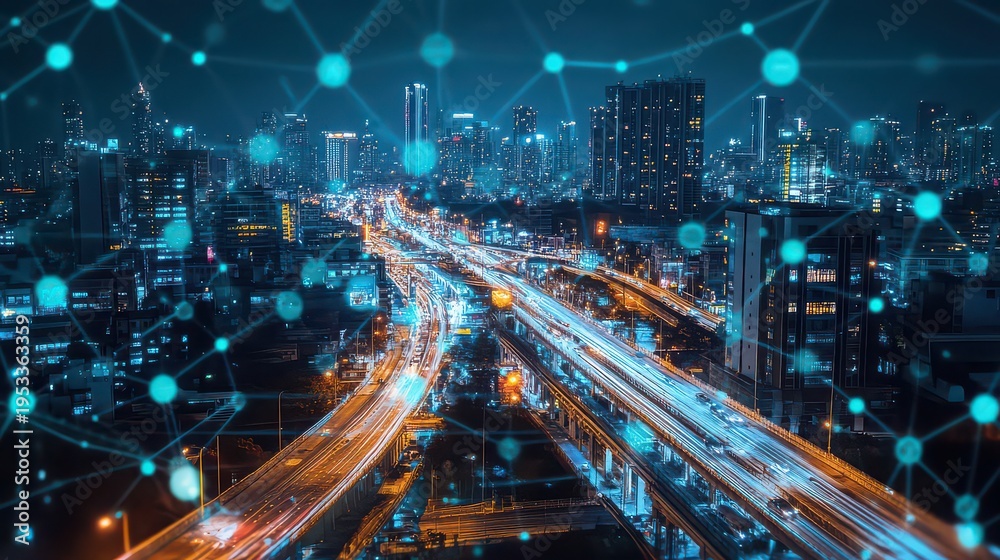 Fototapeta premium Abstract digital network overlay visualizing intelligent data flow across a sprawling nocturnal city highway system with motion blur light trails video footage