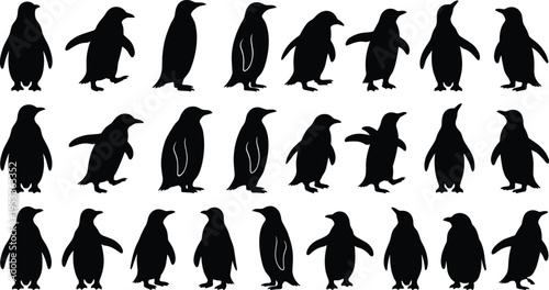 Large Collection of Penguin Silhouettes Featuring Various Antarctic Bird Poses and Walking Positions Isolated on White Background for Wildlife Illustration and Nature Design Elements
