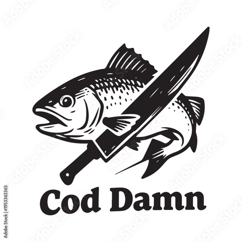 Vintage Cod Damn Fishing Graphic with Chef Knife and Rustic Woodcut Style Illustration