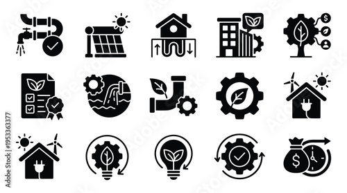 Sustainable energy and green technology infrastructure icon collection