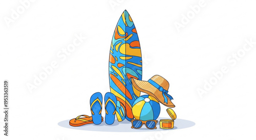 A colorful vector illustration of beach essentials including a surfboard, beach ball, flip flops, and sun hat.